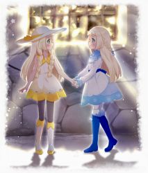 Rule 34 | 2girls, abe (kumayu), absurdres, blonde hair, blue footwear, blush, boots, braid, closed mouth, commentary request, creatures (company), dress, eye contact, eyelashes, game freak, green eyes, hat, hat ribbon, highres, holding hands, lillie (nihilego), lillie (pokemon), long hair, looking at another, multiple girls, nintendo, pantyhose, pokemon, pokemon (anime), pokemon journeys, pokemon swsh111, ribbon, shoes, sleeveless, sleeveless dress, smile, socks, standing, white dress, white headwear, window, yellow footwear, yellow ribbon