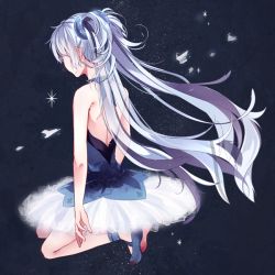 Rule 34 | 1girl, backless dress, backless outfit, ballerina, bare shoulders, blue hair, dress, from behind, hatsuko, hatsune miku, long hair, round around (vocaloid), solo, squatting, twintails, very long hair, vocaloid