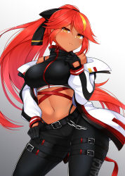 Rule 34 | 1girl, azur lane, bare shoulders, belt, black belt, black bow, black pants, black shirt, blonde hair, blush, bow, breasts, commentary request, cowboy shot, crop top, daichi (tokoya), gradient background, grey background, hair between eyes, hair bow, hand up, head tilt, highleg, highleg panties, highres, jacket, jamaica (azur lane), jamaica (highway star) (azur lane), large breasts, long hair, long sleeves, looking at viewer, midriff, multicolored hair, navel, off shoulder, open clothes, open jacket, panties, pants, ponytail, red hair, shirt, sidelocks, sleeveless, sleeveless shirt, solo, standing, stomach, streaked hair, thigh strap, thighs, underwear, very long hair, white background, white jacket, yellow eyes