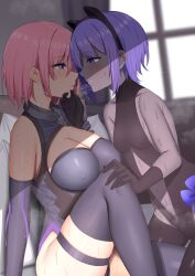 Rule 34 | 2girls, absurdres, bare shoulders, black gloves, blush, breasts, cleavage, covered erect nipples, dark-skinned female, dark skin, elbow gloves, fate/grand order, fate (series), from side, gloves, hassan of serenity (fate), highres, kanikou, large breasts, mash kyrielight, multiple girls, parted lips, pink hair, purple eyes, purple gloves, purple hair, purple thighhighs, saliva, saliva trail, short hair, sitting, small breasts, sweat, thigh strap, thighhighs, thighs, yuri