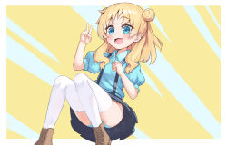 Rule 34 | 1girl, :d, absurdres, blonde hair, blue eyes, blue panties, blue shirt, blue skirt, boots, child, chloe (maidragon), collared shirt, double bun, hair bun, highres, kobayashi-san chi no maidragon, long hair, looking at viewer, open mouth, panties, pleated skirt, puffy short sleeves, puffy sleeves, shirt, shirt tucked in, short sleeves, skirt, smile, solo, suspender skirt, suspenders, thighhighs, underwear, v, weill, white thighhighs