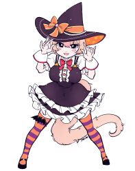 Rule 34 | 1girl, anteater ears, anteater tail, black dress, black hat, blush, bow, breasts, claw pose, dress, frilled dress, frilled sleeves, frills, halloween costume, hat, hat bow, highres, kemono friends, kemono friends 3, large breasts, looking at viewer, puffy sleeves, short hair, silky anteater (kemono friends), solo, striped clothes, striped thighhighs, thighhighs, witch, witch hat, yokuko zaza
