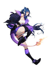 Rule 34 | 1girl, blue hair, breasts, choker, dragon girl, dragon horns, dragon tail, fire, full body, gebijiade 89, highres, horns, indie virtual youtuber, jacket, long hair, long sleeves, looking at viewer, medium breasts, multiple horns, red eyes, simple background, smile, solo, tail, thighhighs, vienna (vtuber), vienna (vtuber) (3rd costume), virtual youtuber, watermark, white background