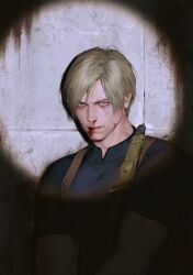 Rule 34 | 1boy, absurdres, blonde hair, blood, blood on face, blue eyes, curtained hair, frown, highres, holster, kenny (poe90), leon s. kennedy, looking at viewer, male focus, parted lips, resident evil, resident evil 4, resident evil 4 (remake), searchlight, shadow, shirt, short hair, shoulder holster, simple background, solo, t-shirt, tight clothes, tight shirt, tile wall, tiles, upper body