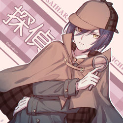 Rule 34 | 1boy, alternate costume, black hair, black jacket, brown capelet, brown hat, cape, capelet, character name, closed mouth, commentary request, danganronpa (series), danganronpa v3: killing harmony, deerstalker, detective, dutch angle, ewa (seraphhuiyu), frown, gloves, hair between breasts, hair between eyes, hat, highres, holding, jacket, long sleeves, looking at viewer, magnifying glass, male focus, plaid, plaid capelet, saihara shuichi, serious, short hair, solo, translation request, twitter username, white gloves, yellow eyes