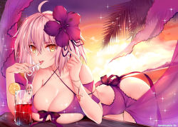 Rule 34 | 1girl, ahoge, breasts, dress, drinking straw, evening, fate/grand order, fate (series), flower, grey hair, hair between eyes, hair flower, hair ornament, halter dress, halterneck, jeanne d&#039;arc (fate), jeanne d&#039;arc alter (avenger) (fate), jeanne d&#039;arc alter (fate), large breasts, looking at viewer, lying, obiwan, on stomach, open mouth, outdoors, purple flower, revealing clothes, see-through, short hair, smile, solo, sparkle, tongue, tongue out, yellow eyes