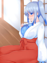 Rule 34 | blue eyes, blue tongue, breasts, cleavage, colored tongue, japanese clothes, monster girl, ponytail, rethnick, slime girl, smile, sura shrine maiden, transformation