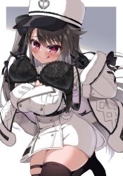 Rule 34 | 1girl, azur lane, black bra, black gloves, black thighhighs, bra, unworn bra, breasts, brown hair, buttons, coat, coat dress, covered erect nipples, double-breasted, fur-trimmed coat, fur trim, gloves, hat, highres, holding, holding bra, holding clothes, holding underwear, lace, lace-trimmed bra, lace trim, large breasts, long hair, mikage (shibi), military hat, no bra, padded coat, pamiat merkuria (azur lane), peaked cap, red eyes, russian clothes, smile, standing, standing on one leg, thighhighs, tongue, tongue out, underwear