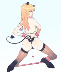 Rule 34 | 1girl, ass, back, bare shoulders, bdsm, black footwear, black panties, black thighhighs, blonde hair, bound, bound feet, bound wrists, breasts, commentary, cuffs, demon horns, demon tail, from behind, gradient background, gradient hair, high heels, highres, horns, kitagawa marin, kneeling, lingerie, lips, looking at viewer, looking back, medium breasts, multicolored hair, no bra, panties, red eyes, red hair, sideboob, sidelocks, signature, simple background, smile, solo, sono bisque doll wa koi wo suru, spread legs, spreader bar, straight hair, tail, thighhighs, thighs, two-tone hair, underwear, yan wan