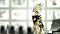 Rule 34 | 1girl, absurdres, animal ear fluff, animal ears, arknights, artist request, bare shoulders, blurry, blurry background, check artist, coat, collar, copyright name, cyrillic, green coat, green eyes, green hair, highres, holding, holding paper, kal&#039;tsit (arknights), looking down, material growth, monitor, official art, oripathy lesion (arknights), paper, short hair, solo, standing, third-party source, watch, watermark, yui (niikyouzou)