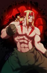 Rule 34 | 1boy, abs, alex (street fighter), blonde hair, blue eyes, capcom, clenched hand, facial tattoo, fighting stance, fingerless gloves, gloves, headband, male focus, muscular, overalls, robaato, topless male, solo, street fighter, street fighter iii (series), tattoo