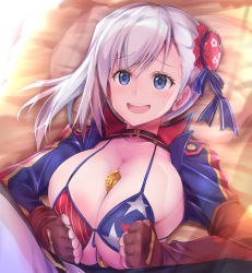 Rule 34 | 1boy, 1girl, american flag bikini, asahi (fullmetal madness), asymmetrical gloves, between breasts, bikini, blue eyes, blue jacket, blush, boy on top, breasts, breasts squeezed together, brown gloves, bun cover, choker, cleavage, coin, collarbone, cropped jacket, fate/grand order, fate (series), fingerless gloves, flag print, gloves, hair bun, hair ribbon, jacket, large breasts, long hair, long sleeves, looking at viewer, lying, miyamoto musashi (fate), miyamoto musashi (fate/grand order), miyamoto musashi (swimsuit berserker) (fate), miyamoto musashi (swimsuit berserker) (second ascension) (fate), money, on back, on bed, open mouth, pillow, pink hair, ribbon, shrug (clothing), side bun, single hair bun, single side bun, smile, swept bangs, swimsuit, tucked money