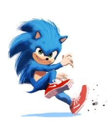 Rule 34 | 1boy, bad id, bad twitter id, blue fur, commentary, full body, green eyes, looking at viewer, male focus, nike (company), redesign, running, shoes, smirk, sneakers, snout, solo, sonic (live action), sonic (series), sonic the hedgehog, sonic the hedgehog (film), tyson hesse, white background