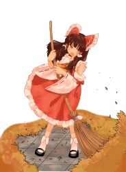 Rule 34 | 1girl, ascot, autumn leaves, black footwear, blunt bangs, bobby socks, bow, broom, brown hair, detached sleeves, frilled bow, frilled hair tubes, frilled shirt collar, frilled skirt, frills, full body, hair bow, hair tubes, hakurei reimu, hands up, highres, holding, holding broom, kirisame marisa, looking to the side, mary janes, mati100311, open mouth, orange eyes, print bow, red bow, red ribbon, red skirt, red vest, ribbon, ribbon-trimmed sleeves, ribbon trim, shoes, sidelocks, simple background, skirt, skirt set, socks, solo, standing, sweatdrop, sweeping, touhou, vest, white background, white socks, yellow ascot