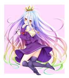 Rule 34 | 1girl, ass, bare shoulders, black thighhighs, blonde hair, blue hair, border, brown eyes, chess piece, clenched hand, crown, from behind, green hair, hair between eyes, hand to own mouth, holding, kneeling, long hair, long sleeves, looking back, loose thighhigh, multicolored hair, no game no life, no shoes, off shoulder, outside border, panties, parted lips, pink background, pink hair, purple hair, purple shirt, purple skirt, school uniform, serafuku, shiro (no game no life), shirt, side ponytail, silhouette, skirt, solo, striped clothes, striped panties, summer-d (dodojune), thighhighs, triangle mouth, underwear, very long hair