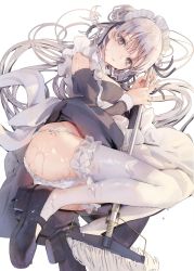 Rule 34 | 1girl, bad id, bad twitter id, black dress, breasts, brown footwear, clothes lift, commentary request, dress, dress lift, frilled thighhighs, frills, frown, full body, grey eyes, highres, holding, holding mop, jima, long hair, long sleeves, looking at viewer, lying, maid, maid headdress, mop, on side, original, panties, shoes, side-tie panties, silver hair, simple background, solo, thighhighs, underwear, very long hair, wet, white background, white panties, white thighhighs