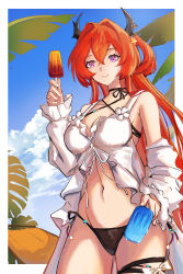 Rule 34 | 1girl, absurdres, arknights, bare shoulders, bikini, black bikini, blue sky, breasts, cleavage, closed mouth, cowboy shot, criss-cross halter, day, detached sleeves, food, hair intakes, hair ornament, halterneck, highres, holding, holding food, horns, long hair, long sleeves, looking at viewer, navel, one side up, outdoors, photoshop (medium), popsicle, purple eyes, red hair, saltyz, sky, smile, solo, star (symbol), star hair ornament, stomach, surtr (arknights), surtr (colorful wonderland) (arknights), swimsuit, swimsuit cover-up, thigh strap, very long hair