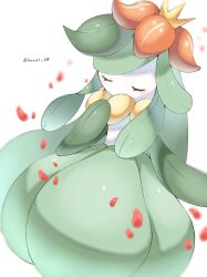 Rule 34 | artist name, closed eyes, colored skin, commentary request, creatures (company), crown, eyelashes, falling petals, flower, game freak, gen 5 pokemon, green hair, highres, iwasi 29, lilligant, nintendo, no humans, petals, pokemon, pokemon (creature), simple background, twitter username, white background, white skin
