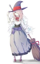 Rule 34 | 10s, 1girl, broom, dress, hair over one eye, highres, little witch academia, long hair, pink hair, red eyes, shoes, solo, sucy manbavaran, witch