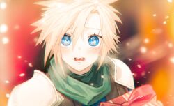 Rule 34 | 1boy, armor, blonde hair, blue eyes, blurry, blurry background, blush, box, breath, christmas, christmas present, cloud strife, commentary request, crisis core final fantasy vii, enshou (namarien), final fantasy, final fantasy vii, gift, gift box, green scarf, hair between eyes, looking at viewer, male focus, open mouth, scarf, shinra infantry uniform, short hair, shoulder armor, snowing, solo, spiked hair, upper body