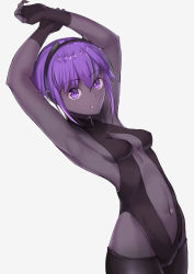Rule 34 | 1girl, bare shoulders, black gloves, black hairband, breasts, dark skin, dark-skinned female, fate/grand order, fate (series), fingerless gloves, gloves, hairband, hank10111213, hassan of serenity (fate), looking at viewer, navel, open mouth, purple eyes, purple hair, short hair, simple background, solo, white background