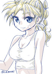 Rule 34 | 1girl, blonde hair, blue eyes, breasts, chrono cross, closed mouth, facial mark, high ponytail, kid (chrono cross), long hair, looking at viewer, midriff, multi-tied hair, ponytail, s-a-murai, simple background, smile, solo, tank top, white background