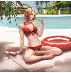 Rule 34 | 1girl, arm support, bare legs, bare shoulders, bikini, blonde hair, blue eyes, blurry, blurry background, breasts, cellphone, cleavage, closed mouth, day, dungeon and fighter, eyewear on head, female gunner (dungeon and fighter), food, halterneck, hand up, high heels, highres, holding, ice cream, indian style, innertube, large breasts, leaning back, looking to the side, monaim, navel, outdoors, palm tree, phone, pool, popsicle, red bikini, short hair, sitting, skindentation, smartphone, solo, sunglasses, swim ring, swimsuit, tree, white footwear, wristband