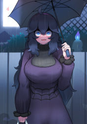 Rule 34 | 1girl, absurdres, ahoge, alternate breast size, bag, black hair, blue eyes, blush, breasts, creatures (company), dress, fence, game freak, gen 1 pokemon, gengar, hairband, hex maniac (pokemon), highres, holding, holding bag, holding umbrella, john (a2556349), large breasts, long hair, looking at viewer, messy hair, mixed-language commentary, night, nintendo, pokemon, pokemon xy, purple dress, rain, ribbed sweater, solo, sweater, umbrella