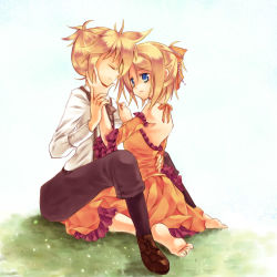 Rule 34 | 1boy, 1girl, aku no musume (vocaloid), bad id, bad pixiv id, bare shoulders, barefoot, blonde hair, blue eyes, bow, brother and sister, closed eyes, detached sleeves, dress, evillious nendaiki, grass, hair bow, hand on another&#039;s cheek, hand on another&#039;s face, hand on shoulder, kagamine len, kagamine rin, odashi (namiri), riliane lucifen d&#039;autriche, siblings, sitting, twins, vocaloid, wariza
