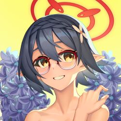 Rule 34 | 1girl, ayane (blue archive), bare shoulders, black hair, blue archive, blush, flower, glasses, hair flower, hair ornament, halo, highres, looking at viewer, pointy ears, portrait, red-framed eyewear, red halo, rotix, short hair, smile, solo, upper body, yellow background, yellow eyes