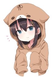Rule 34 | &gt;:3, 1girl, :3, @ @, akino ell, animal hood, black hair, blue eyes, commentary request, cropped torso, dog hood, hair ornament, highres, hood, kantai collection, looking at viewer, shigure (kancolle), shigure kai ni (kancolle), simple background, sleeves past wrists, solo, upper body, v-shaped eyebrows, white background