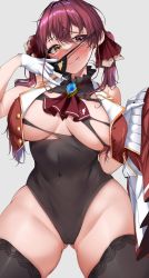 Rule 34 | 1girl, :p, areola slip, bare shoulders, black leotard, black thighhighs, blush, breasts, cameltoe, covered navel, eyepatch, eyepatch pull, gloves, gluteal fold, heterochromia, hololive, houshou marine, kshimu, leotard, long hair, looking at viewer, purple eyes, purple hair, skirt, unworn skirt, smile, solo, thighhighs, tongue, tongue out, twintails, virtual youtuber, white gloves, yellow eyes