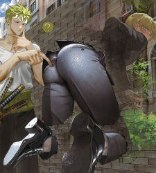 Rule 34 | 2boys, ?, ass, ass focus, black jacket, black pants, blonde hair, blush, day, formal, green hair, hand on another&#039;s ass, hand on own chin, jacket, katana, looking back, male focus, multiple boys, one piece, outdoors, pants, roronoa zoro, runa (nori31291404), sanji (one piece), see-through, shirt, shoes, sideburns, suit, sword, thinking, through wall, weapon, white shirt, yaoi