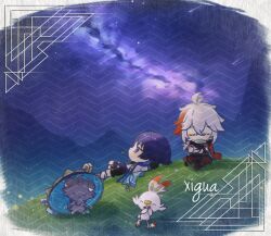 2boys animal artist_name border chibi chibi_only clothed_animal creatures_(company) espurr fading_border full_body game_freak gen_6_pokemon gen_8_pokemon genshin_impact highres hill holding holding_leaf instrument kaedehara_kazuha leaf leaf_flute lying male_focus milky_way mountainous_horizon multiple_boys music night nintendo on_back outdoors playing_instrument pokemon pokemon_(creature) scaramouche_(genshin_impact) scorbunny sky star_(sky) stargazing starry_sky swyezi611 wanderer_(genshin_impact) watermark_grid