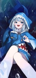 Rule 34 | 1girl, :d, animal hood, blue eyes, blue hair, blue nails, blunt bangs, bubble, fingernails, fins, fish tail, gawr gura, highres, hololive, hololive english, hood, huhi (huhi 1211), looking past viewer, medium hair, multicolored hair, open mouth, shark girl, shark hood, shark tail, sharp teeth, smile, streaked hair, tail, teeth, upper teeth only, virtual youtuber, white hair, wide sleeves