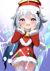 Rule 34 | 1girl, absurdres, asymmetrical legwear, blue eyes, blush, cape, capelet, christmas, dress, genshin impact, hair between eyes, halo, hands on own face, hat, highres, long sleeves, looking at viewer, paimon (genshin impact), santa dress, santa hat, short hair, sparkle, uneven legwear, wavy mouth, white hair, white legwear, zeref (user uttv3537)