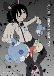 Rule 34 | 1girl, animal ears, black eyes, black hair, black thighhighs, bow, bowtie, explosion psycho, fake animal ears, female focus, gradient background, half-closed eyes, midriff, navel, original, short hair, solo, stuffed animal, stuffed toy, teddy bear, thighhighs, tongue, tongue out, twitter username, unicycle