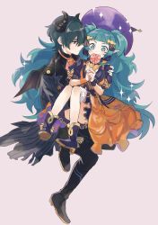 Rule 34 | 1boy, 1girl, absurdres, ascot, black dress, black footwear, black jacket, black pants, blue eyes, blue footwear, blue hair, byleth (fire emblem), byleth (male) (fire emblem), candy, carrying, carrying person, commentary, demon horns, demon wings, dress, fake horns, fake wings, fire emblem, fire emblem: three houses, fire emblem heroes, food, food in mouth, gloves, green eyes, green hair, halloween, halloween costume, hat, highres, horns, jacket, lollipop, long hair, messy hair, multicolored clothes, multicolored dress, nintendo, noki (nikumasyumaro), official alternate costume, orange ascot, orange dress, pants, pointy ears, princess carry, profile, puffy short sleeves, puffy sleeves, purple headwear, shoes, short hair, short sleeves, simple background, sothis (fire emblem), striped clothes, striped jacket, twintails, two-tone dress, very long hair, white gloves, wings, witch hat