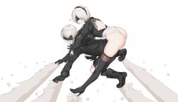 Rule 34 | 1boy, 1girl, akira slide, ass, black footwear, black gloves, black shorts, black thighhighs, blindfold, boots, breasts, closed mouth, feather trim, full body, gloves, hairband, high heels, highleg, highleg leotard, highres, kurone rinka, leotard, long sleeves, looking at viewer, medium breasts, mole, mole under mouth, nier:automata, nier (series), parted lips, puffy sleeves, short hair, shorts, simple background, smile, thigh boots, thighhighs, thighs, white background, white hair, 2b (nier:automata), 9s (nier:automata)
