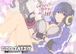 Rule 34 | 10s, 1girl, breasts, cleavage, gloves, god eater, god eater resonant ops, kisaragi sera, large breasts, looking at viewer, multicolored hair, navel, official art, purple hair, red eyes
