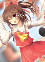 Rule 34 | 1girl, armpits, bad id, bad pixiv id, blush, bow, brown eyes, brown hair, detached sleeves, female focus, hair bow, hair tubes, hakurei reimu, highres, japanese clothes, long sleeves, miko, one eye closed, open mouth, oruto (ort+), oruton, outstretched arms, shirt, skirt, skirt set, smile, solo, touhou, wink, yin yang