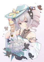 Rule 34 | 1girl, absurdres, bare shoulders, black butterfly, blue hat, bouquet, bronya zaychik, bug, butterfly, cherry, closed mouth, dress, drill hair, fingernails, flower, food, fruit, grey eyes, grey hair, hair between eyes, hat, highres, holding, holding bouquet, holding food, honkai (series), honkai impact 3rd, ice cream, insect, looking at viewer, qingye ling, smile, solo, twin drills, white background, white dress, white flower