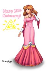 Rule 34 | 1girl, anniversary, blue eyes, breasts, brown hair, cleavage, dress, full body, hand up, jewelry, necklace, nintendo, pink dress, pointy ears, princess zelda, retro artstyle, short hair, sidelocks, smile, solo, the legend of zelda, the legend of zelda (nes), tiara, triforce, young zelda