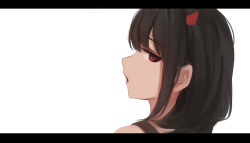 Rule 34 | bare shoulders, black hair, demon horns, from side, horns, letterboxed, long hair, looking at viewer, looking to the side, original, parted lips, portrait, profile, red eyes, shimmer, shirt straps, simple background, solo, white background