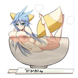 Rule 34 | 00s, 1girl, against glass, ahoge, animal ears, aqua hair, barefoot, blue hair, bowl, breast press, breasts, breasts squeezed together, chopsticks, cup, final fantasy, final fantasy ix, fox ears, fox tail, gender request, genderswap, glass, green eyes, in container, in cup, jiz, kuja, large breasts, nipples, nude, simple background, solo, steam, tail, third-party edit, white background