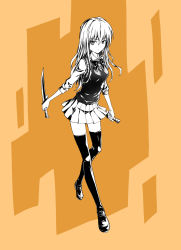 Rule 34 | 1girl, fish.boy, highres, long hair, looking at viewer, monochrome, school uniform, solo, sword, weapon