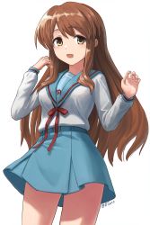 Rule 34 | 1girl, 8sets, artist name, asahina mikuru, blue sailor collar, blue skirt, brown hair, commentary request, highres, kita high school uniform, long hair, long sleeves, open mouth, red ribbon, revision, ribbon, sailor collar, school uniform, serafuku, simple background, skirt, solo, standing, suzumiya haruhi no yuuutsu, twitter username, watermark, white background