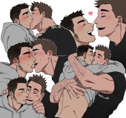 Rule 34 | 2boys, arm hair, balnom, bara, black hair, black shirt, blush, blush stickers, borrowed character, brown hair, closed eyes, clothes lift, collage, couple, cropped shoulders, cropped torso, dark-skinned male, dark skin, ear piercing, facial hair, french kiss, from side, grey hoodie, half-closed eyes, hand on another&#039;s shoulder, head on another&#039;s shoulder, heart, highres, hood, hoodie, hug, kiss, large hands, laughing, long sideburns, male focus, mature male, min woong (ina), multiple boys, muscular, muscular male, original, piercing, sequential, shirt, shirt lift, short hair, sideburns, spiked hair, stubble, sweatdrop, thick eyebrows, tongue, tongue out, torogao, white background, yaoi