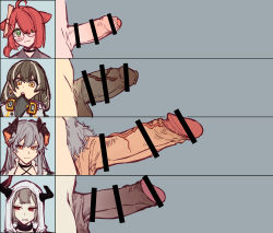 Rule 34 | 4girls, ahoge, animal ears, arknights, bar censor, blush, censored, chart, closed mouth, comparison, erection, female pubic hair, foreskin, futanari, glasses, grey background, grey hair, hair over one eye, highres, hood, hood up, horns, long hair, looking at viewer, magallan (arknights), mirin chikuwa, multicolored hair, multiple girls, myrrh (arknights), penis, penis chart, penis comparison, penis size difference, phimosis, portrait, pubic hair, red eyes, red hair, saria (arknights), short hair, simple background, testicles, two-tone hair, veins, veiny penis, vulcan (arknights), wavy mouth, yellow eyes
