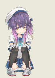 Rule 34 | 1girl, black thighhighs, blue neckerchief, blue sailor collar, blue skirt, colored tips, gloves, gradient hair, grey background, hat, highres, kantai collection, long hair, looking at viewer, matsuo (matuonoie), multicolored hair, neckerchief, panties, pantyshot, pleated skirt, puffy short sleeves, puffy sleeves, purple hair, sailor collar, sailor hat, school uniform, serafuku, short sleeves, simple background, sitting, skirt, solo, thighhighs, tsushima (kancolle), underwear, white gloves, white hat, white panties, yellow eyes